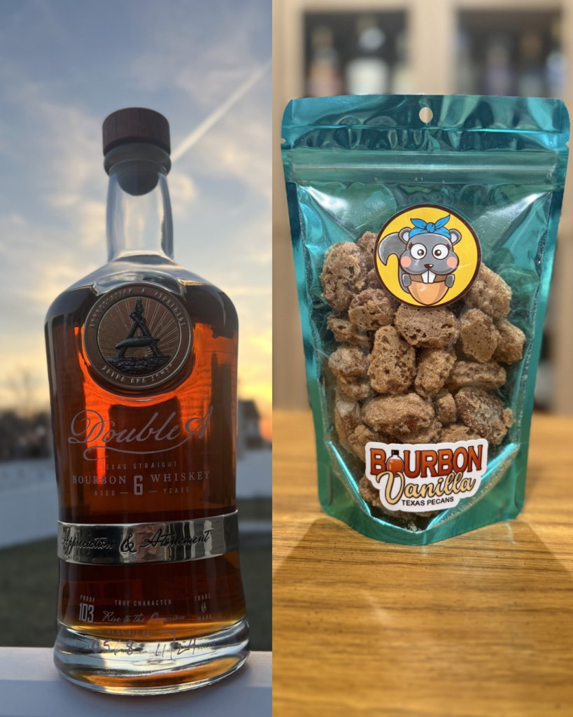 Aw, Nuts bourbon vanilla flavored texas pecans with pairing of Double A Appreciation & Atonement Texas whiskey
