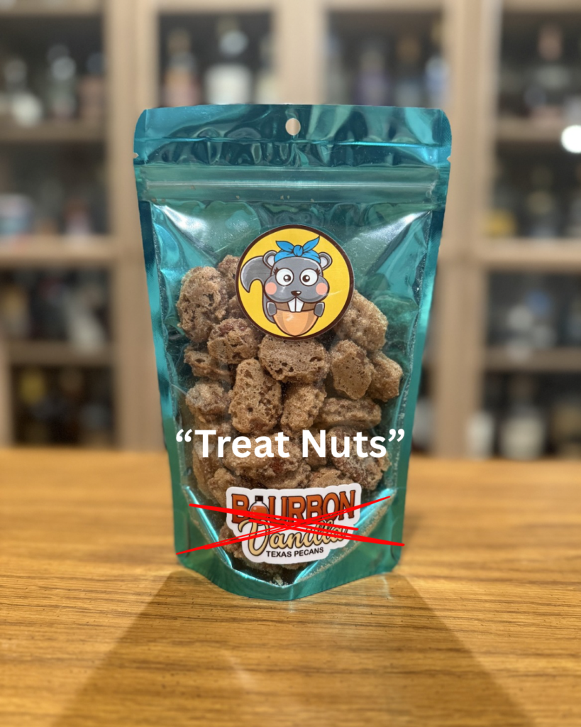 Aw, Nuts texas pecans with name scratched out and text saying "treat nuts" instead