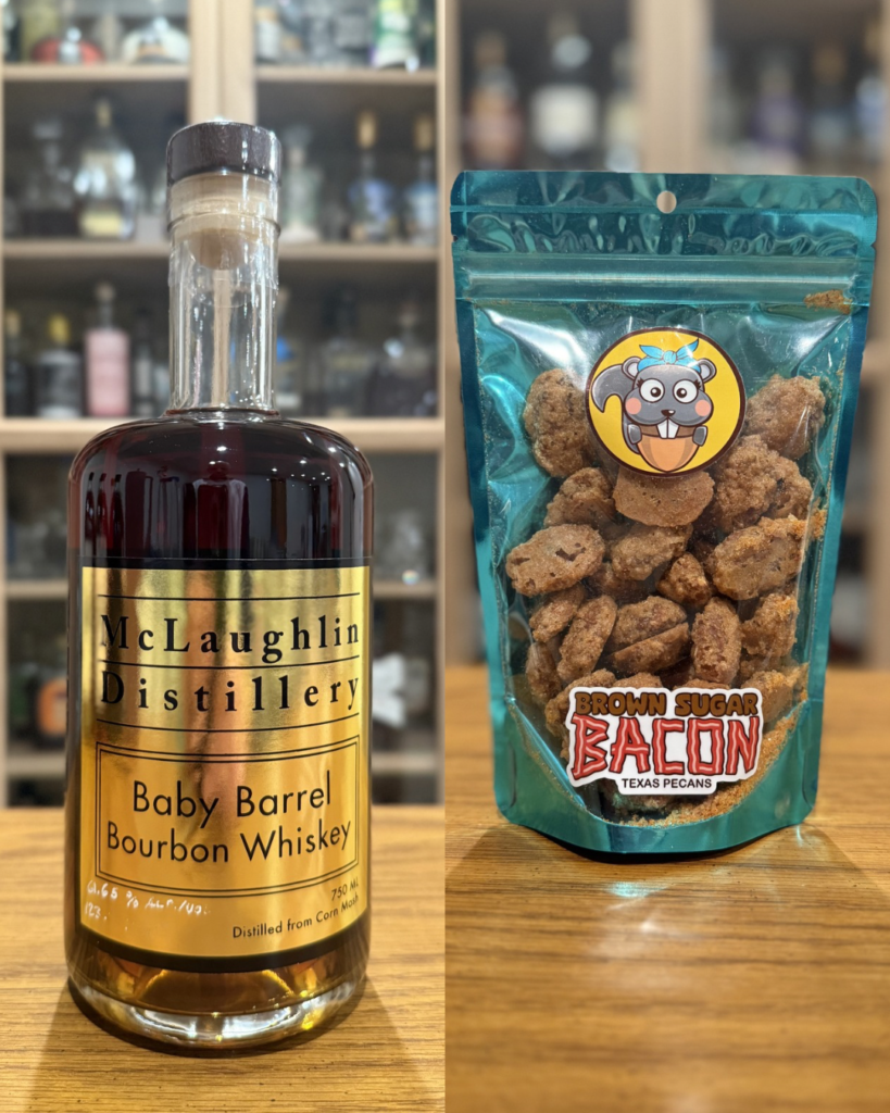 Aw, Nuts maple bacon flavored texas pecans with pairing of Mclaughlin Baby Barrel Bourbon