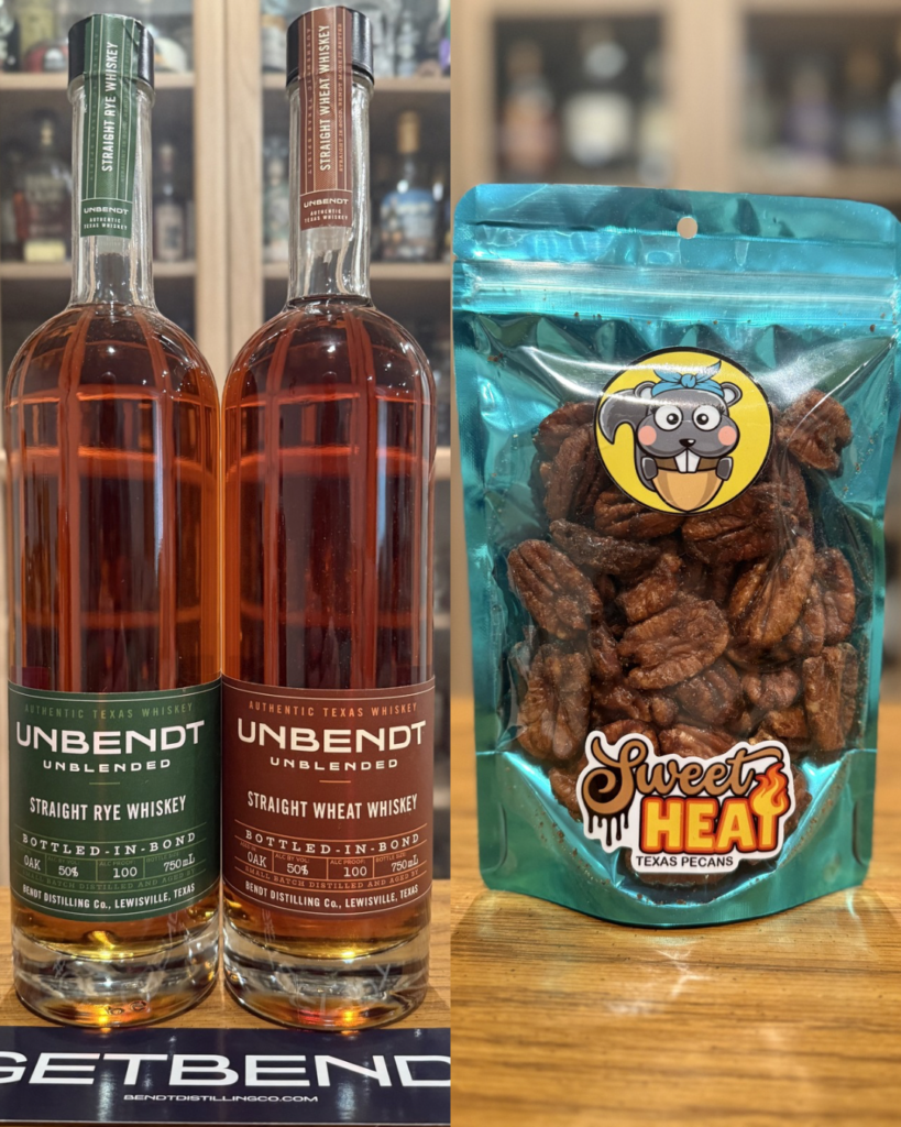 Aw, Nuts sweet heat flavored texas pecans with pairing of Bendt's Unbendt Bottled in Bond wheat whiskey and rye