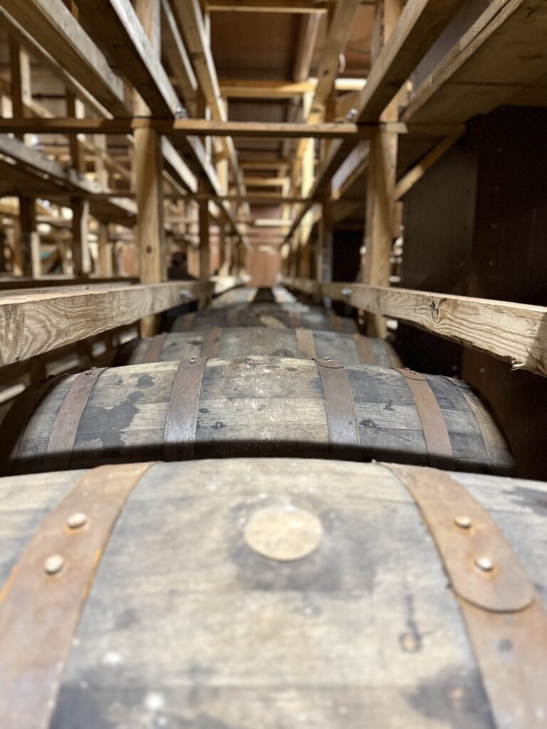 Buffalo Trace rows of barrels in rickhouse