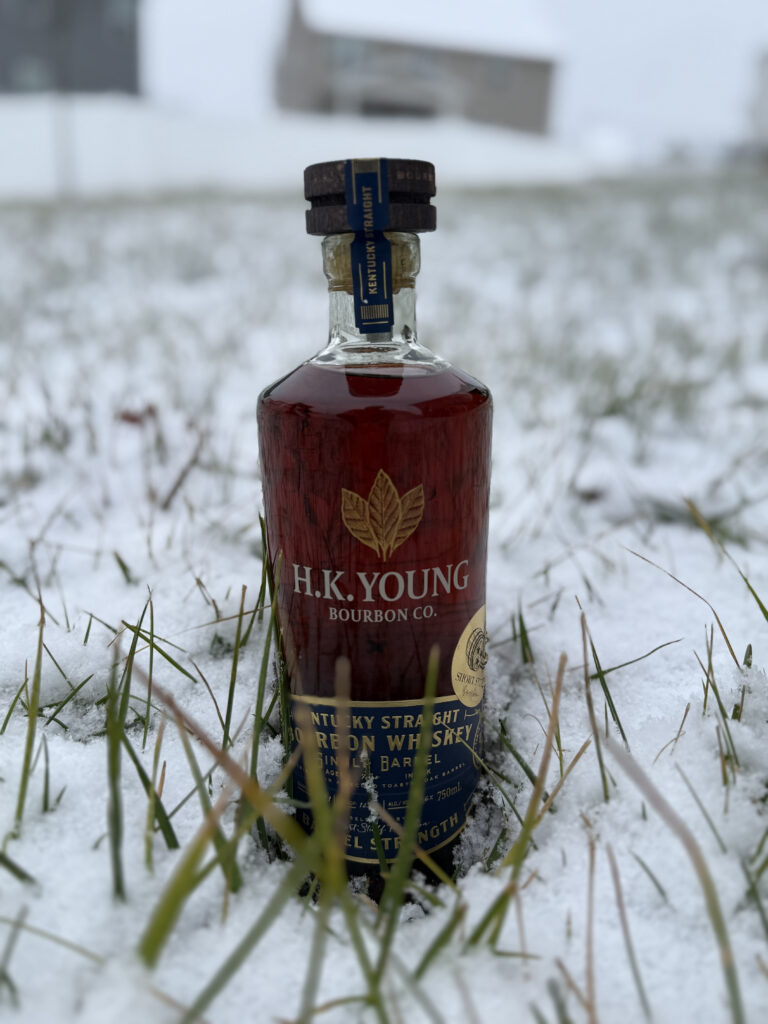 H.K. Young High Rye Toasted Bourbon Shortstuff Bourbon Single Barrel (123.2 Proof) Pick sitting in snow