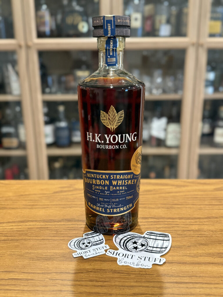 H.K. Young High Rye Toasted Bourbon Shortstuff Bourbon Single Barrel (123.2 Proof) Pick on desk with shortstuffbourbon stickers