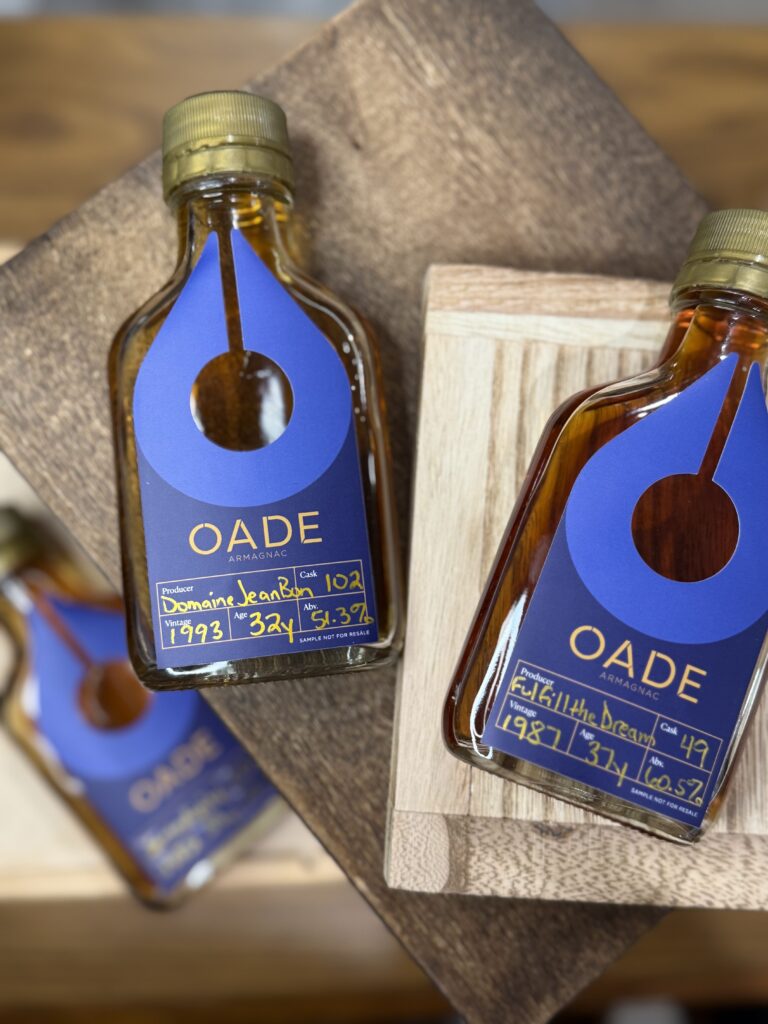 Oade armagnac samples on box with Fulfill the dream and Domaine de Jean-Bon clear