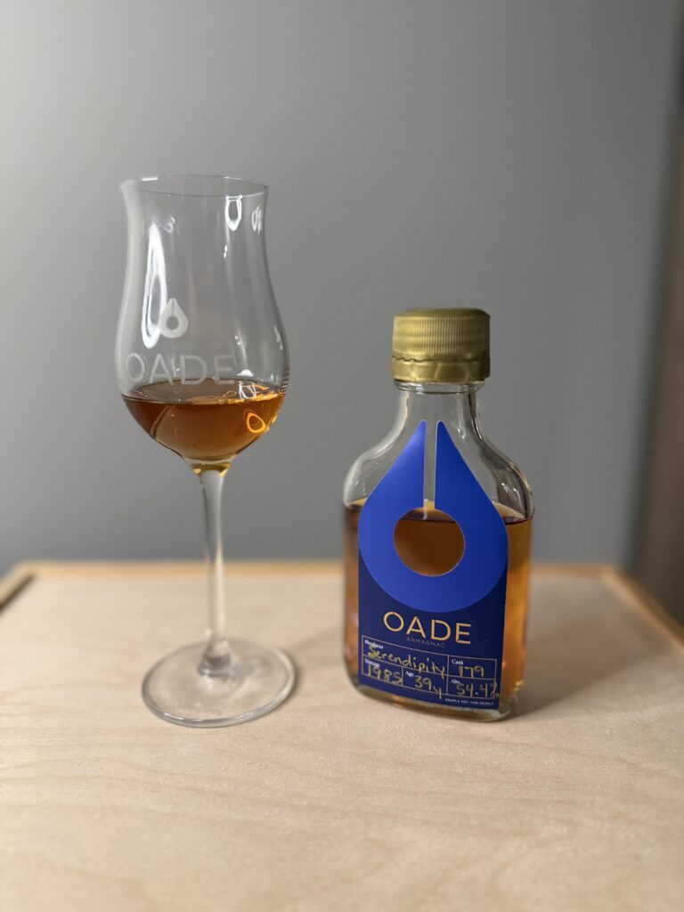 Oade Armagnac Serendipity sample beside Oade tasting glass