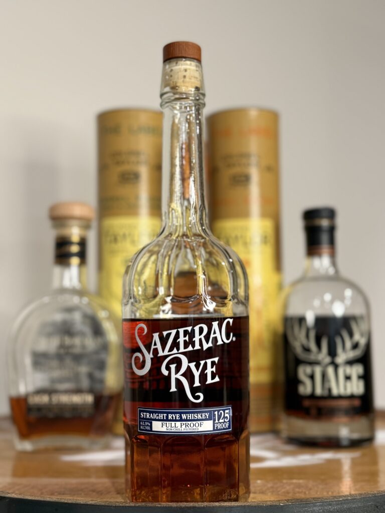 Sazerac Full Proof Rye in front of buffalo trace lineup including EH Taylors, Abe Bowman, and Stagg