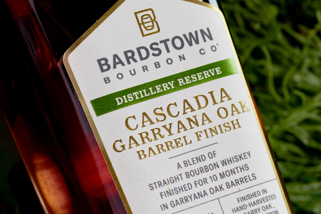 Bardstown Bourbon Company "Cascadia" Garryana Oak Finished Bourbon close-up of label (Photo Credit: Lofted Spirits)