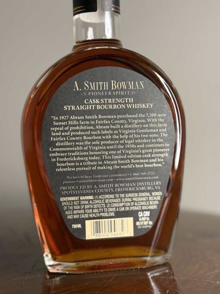 A. Smith Bowman Cask Strength Batch 5 Back Label