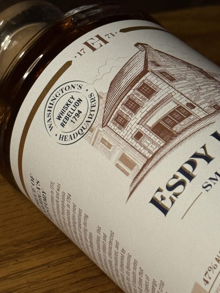 Espy House Rye closeup of top label depicting espy house building and whiskey rebellion stamp