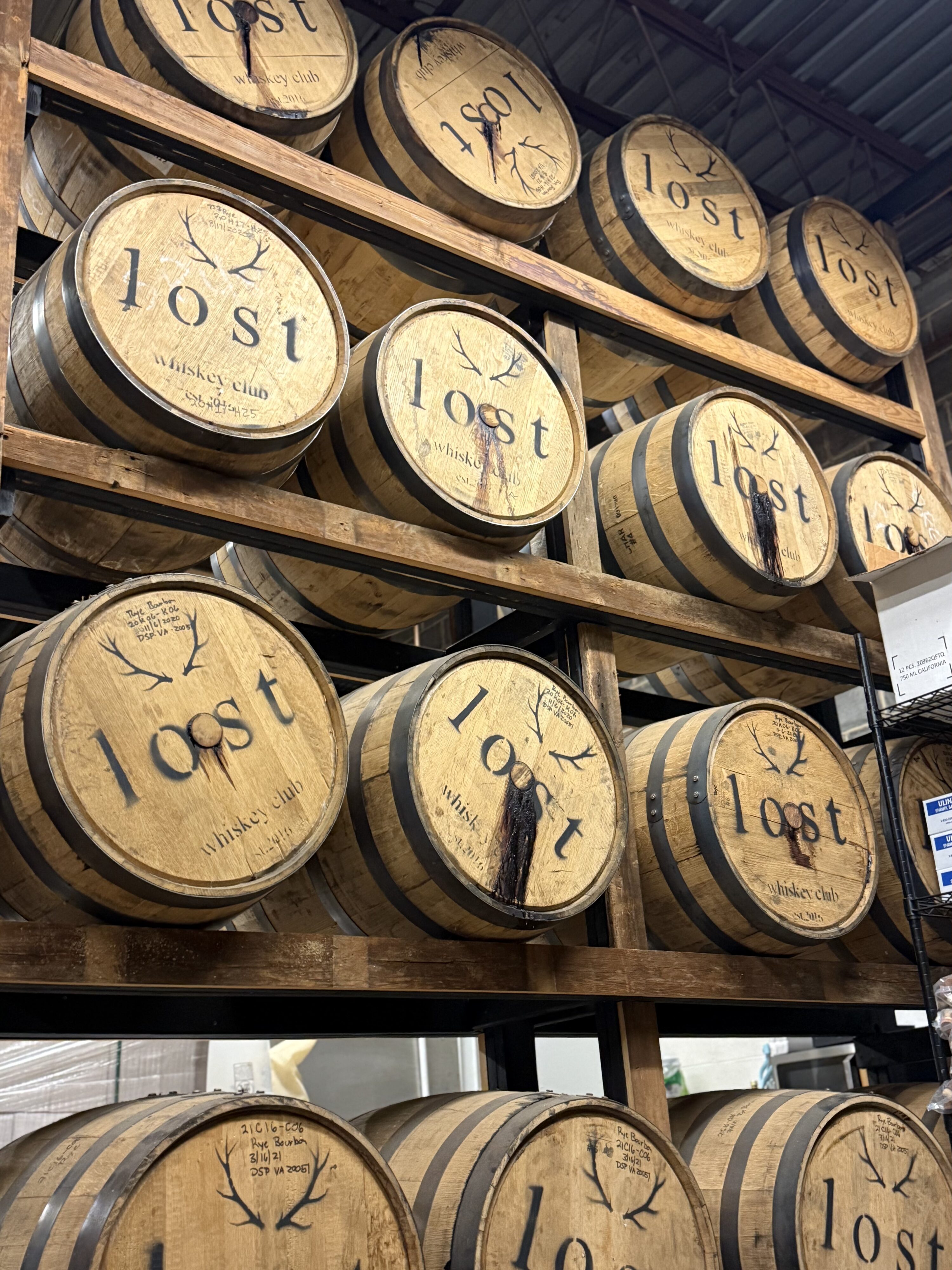 Lost Whiskey Club rickhouse whiskey barrels