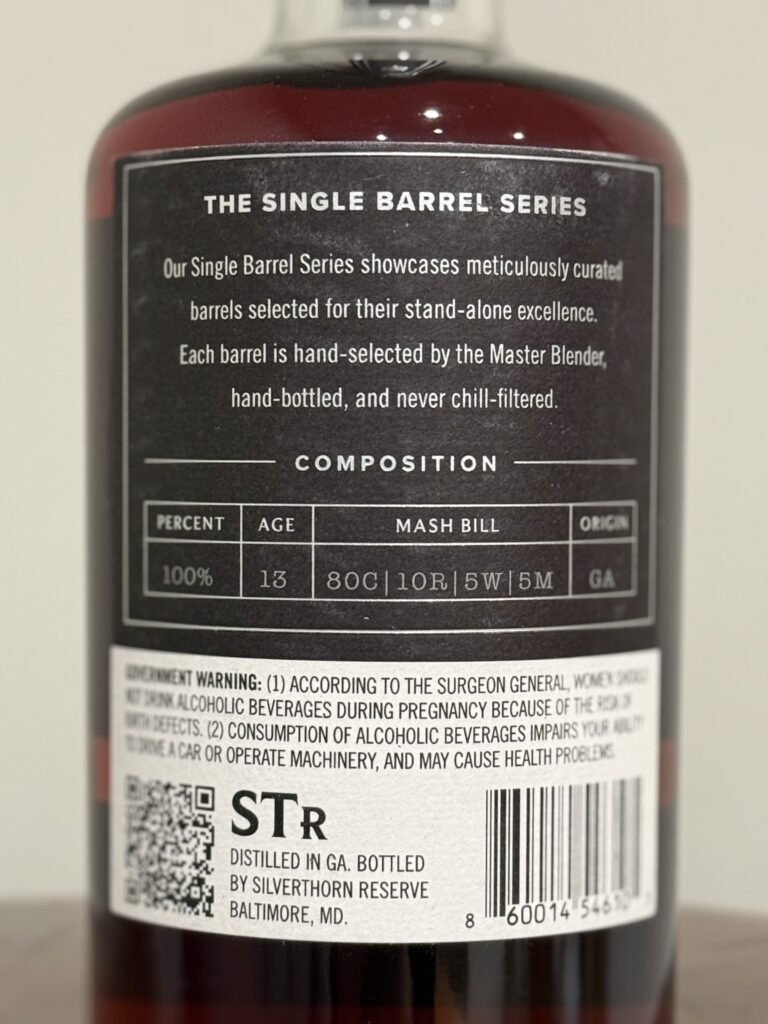 Silverthorn Reserve 13-Year Single Barrel back label