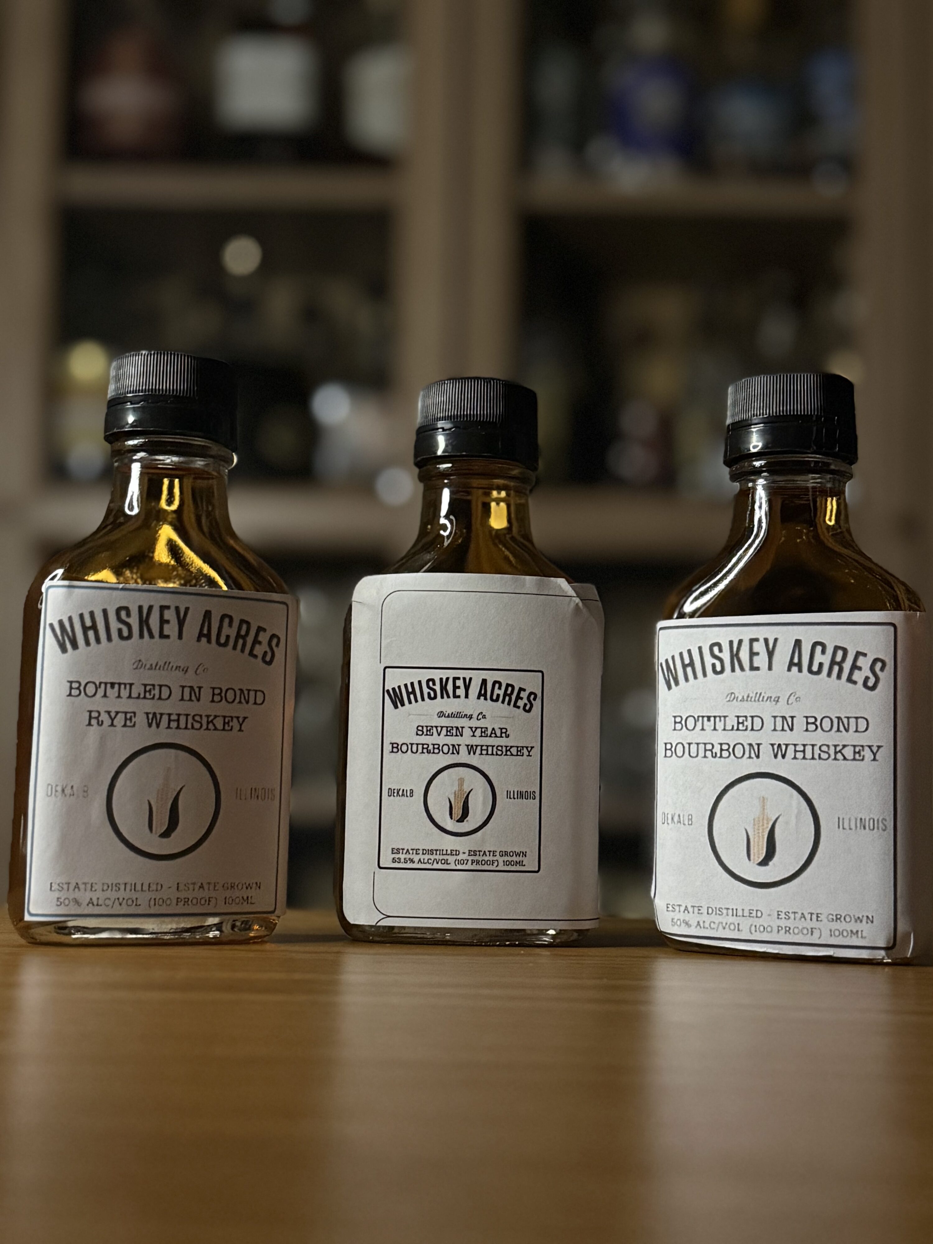 Whiskey Acres Samples of bottled in bond bourbon, rye and 7 year bourbon