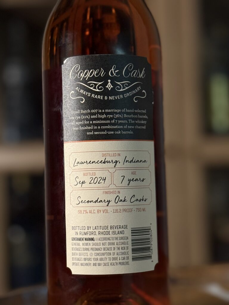 Copper & Cask Double Oaked Small Batch Series 07 back label