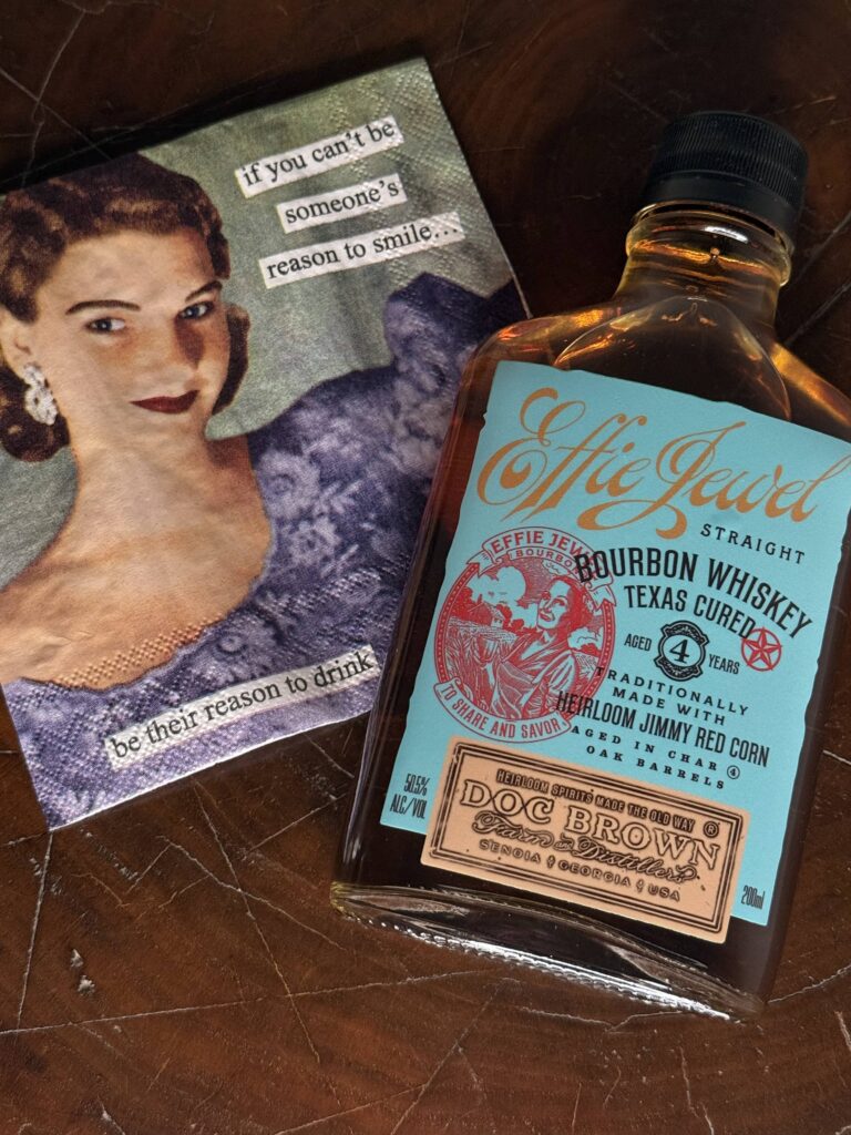 Doc Brown Effie Jewel Bourbon lying on funny napkin