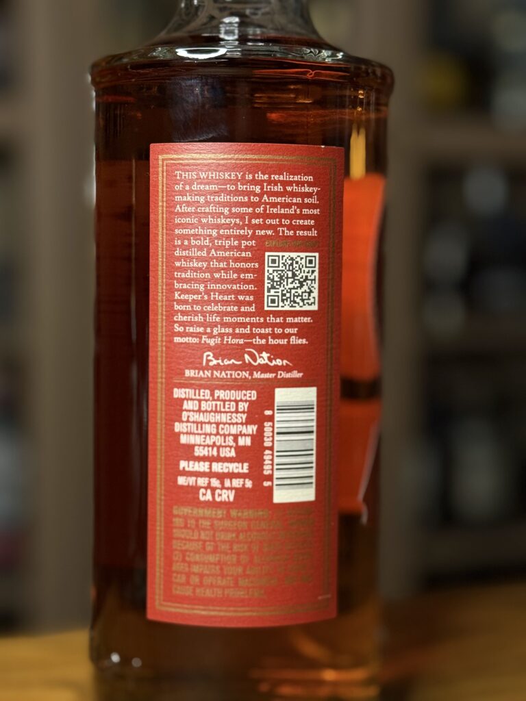 Keeper's Heart American Pot Still Whiskey back label