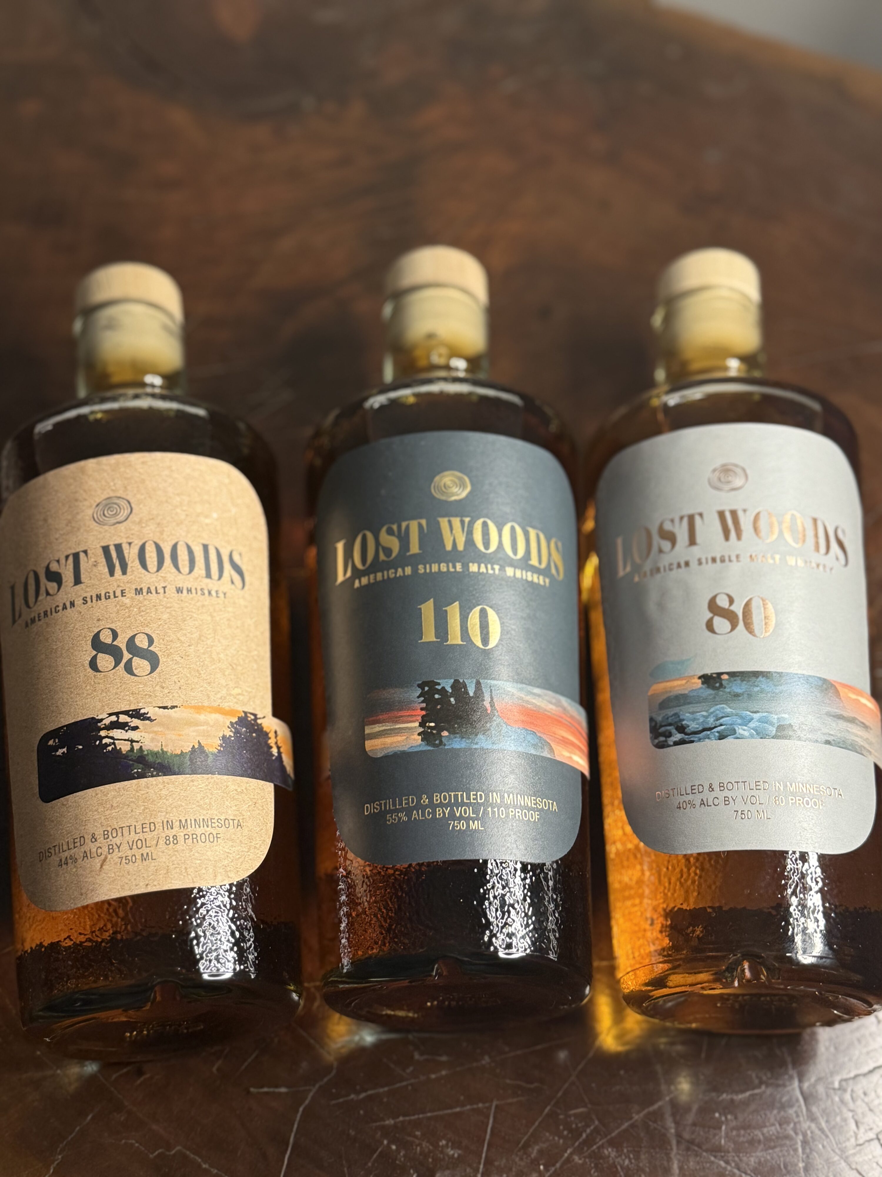Lost Woods American Single Malt Lineup from above, Left to Right: 88 Proof, 110 Proof Cask Strength, 80 Proof