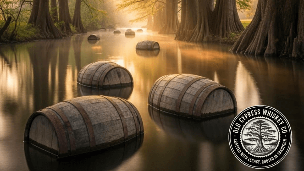 Old Cypress Logo with floating barrels in Louisiana bayous (Photo Credit: Bourboneur)