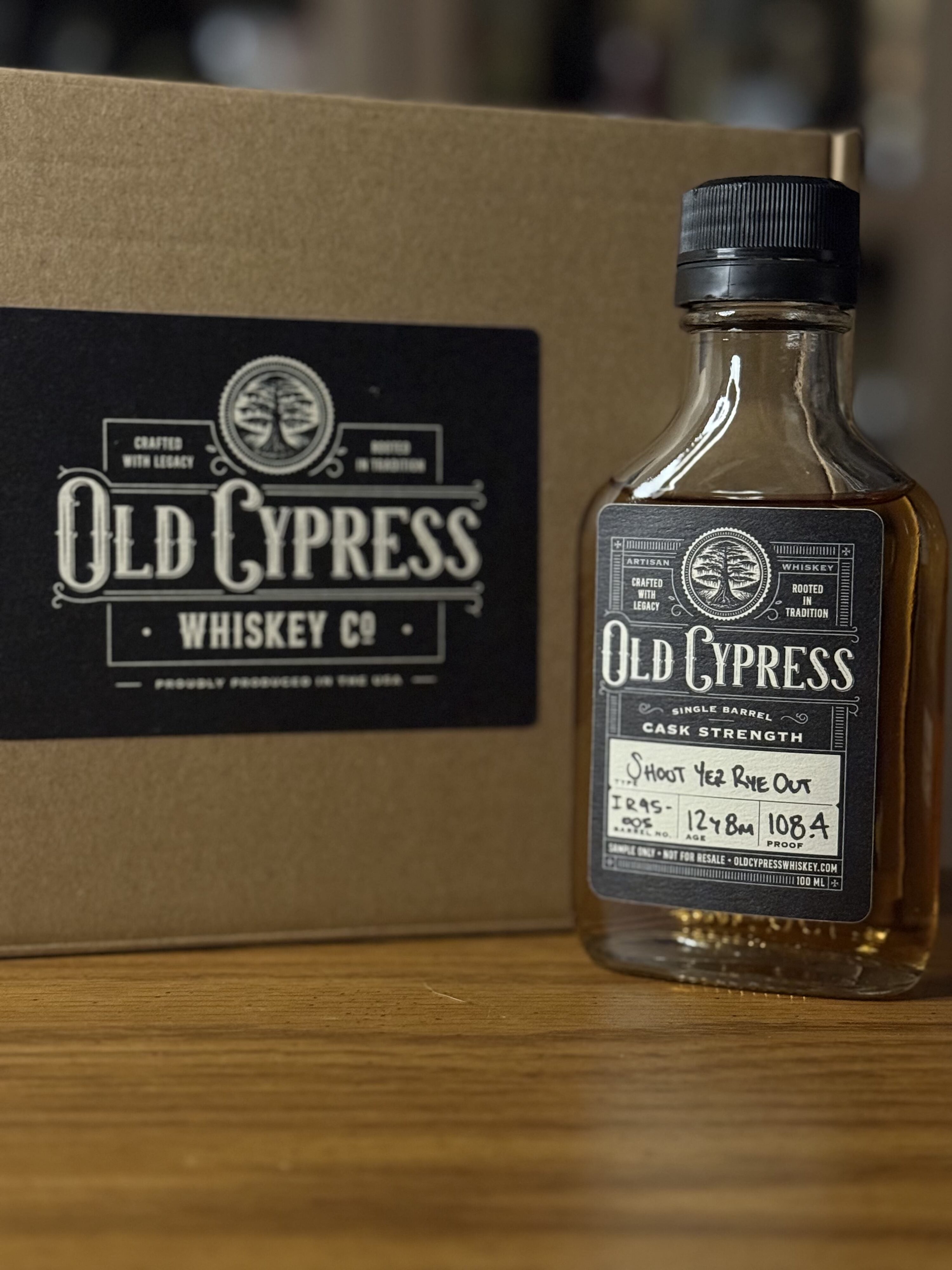 Old Cypress Shoot Yer Rye Out sample against box