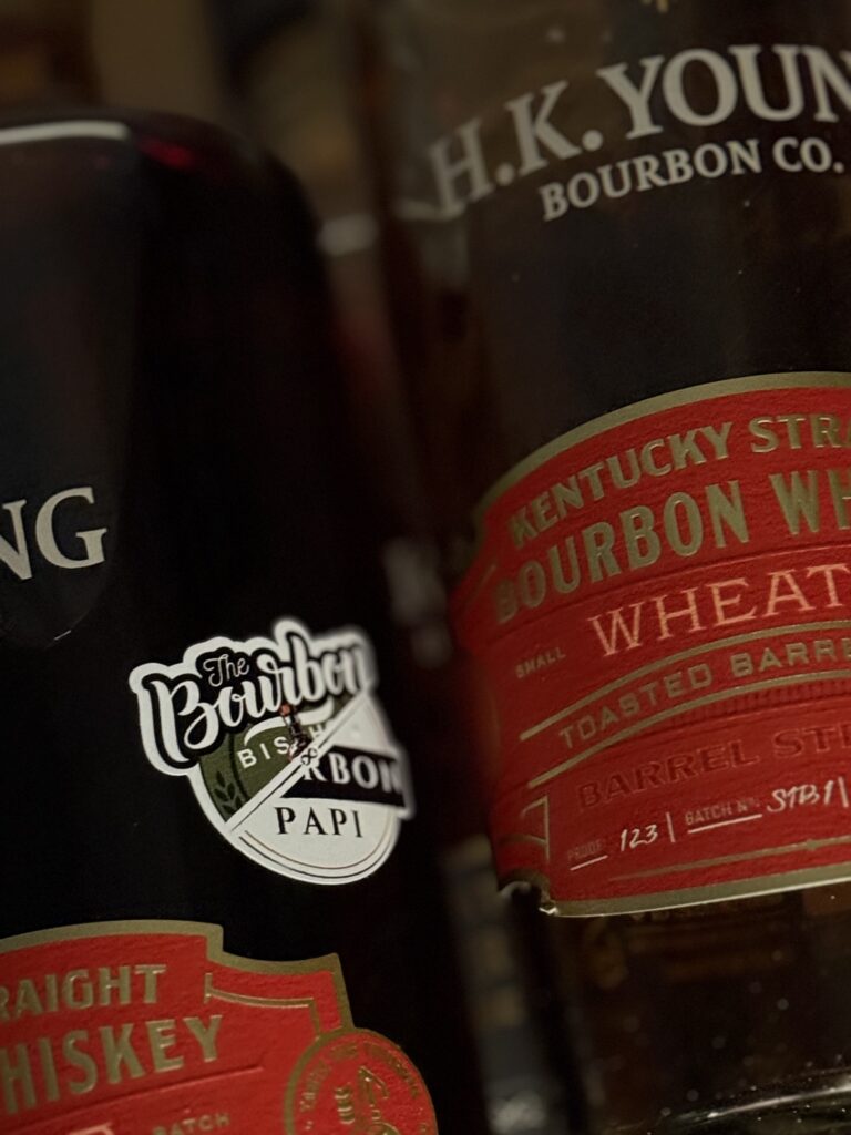 H.K. Young "The Bourbon Bishop x Bourbon Papi" Toasted Wheated Bourbon Single Barrel close up of pick sticker and partial of label