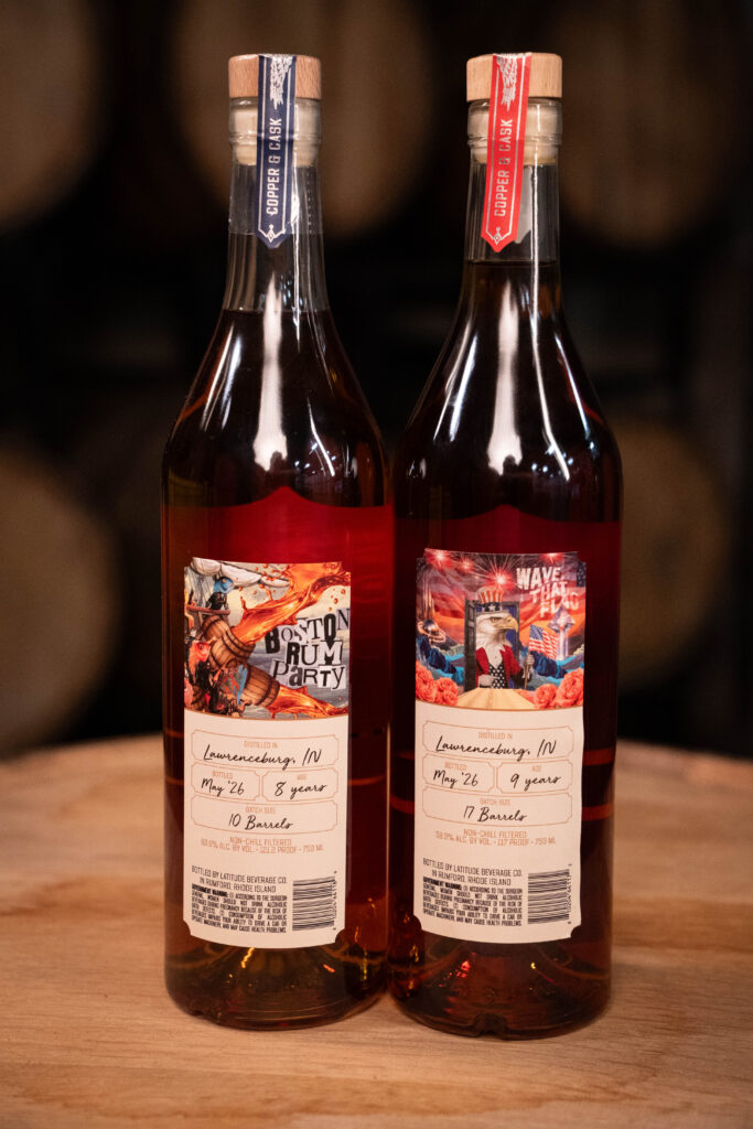 Copper & Cask's 250th Anniverary releases, "Wave That Flag" and "Boston Rum Party" back labels