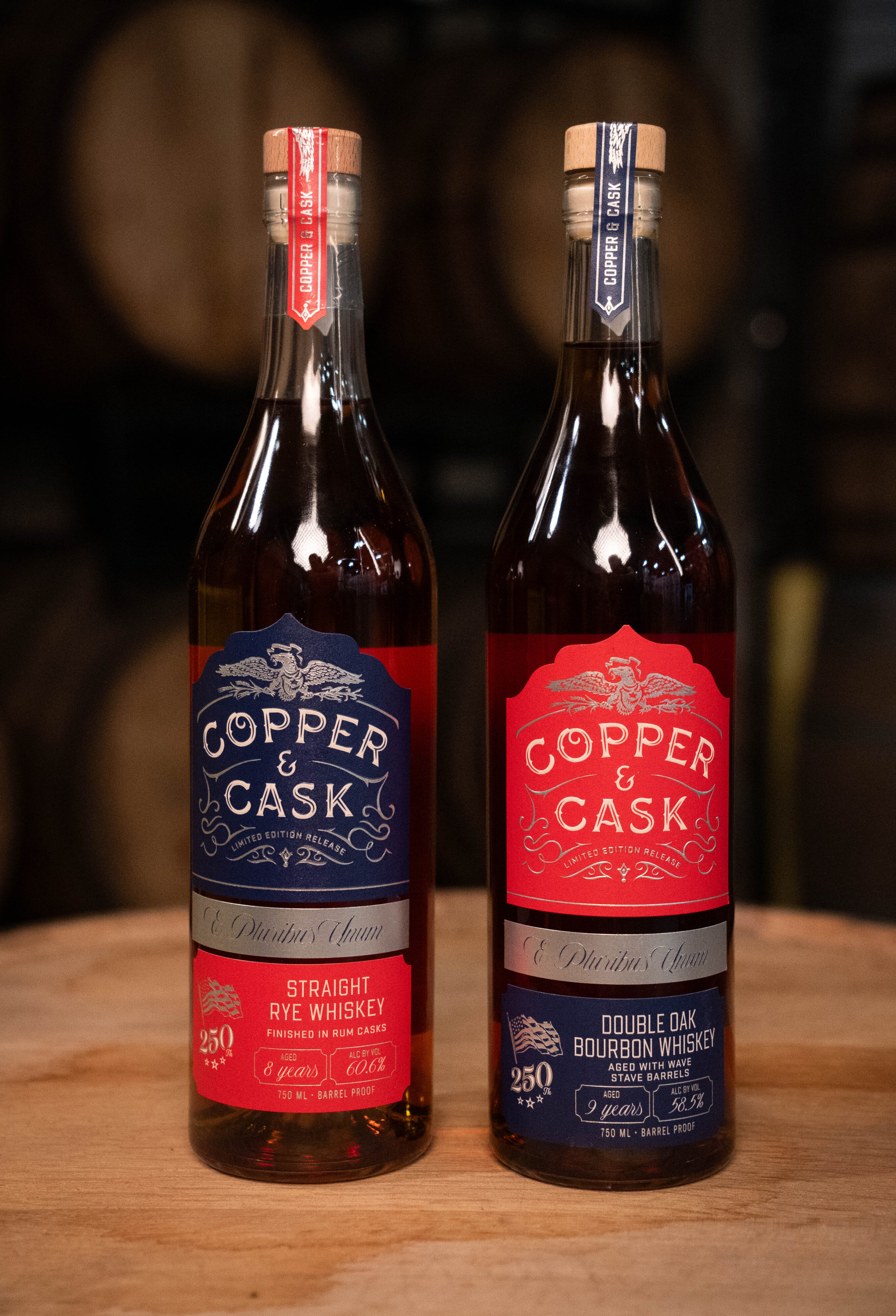 Copper & Cask 250th Anniversary bottles "Wave That Flag" and "Boston Rum Party"