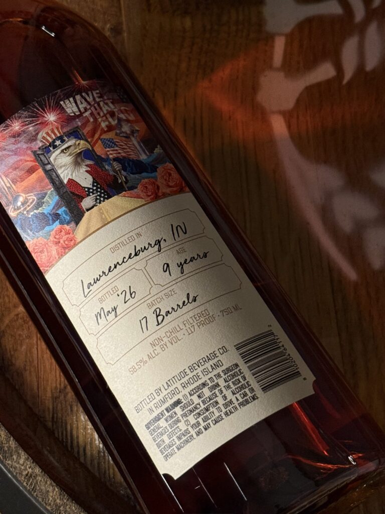 Copper & Cask "Wave That Flag" back label against eagle barrel