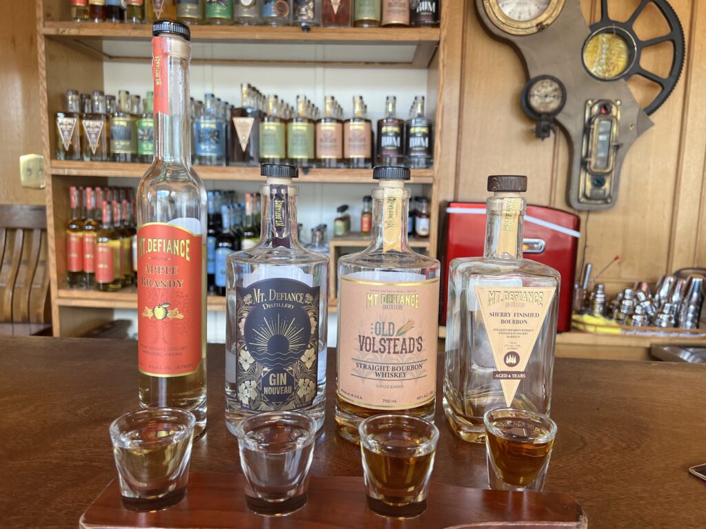 A spirits tasting flight at Mt. Defiance's old downtown Middleburg tasting room