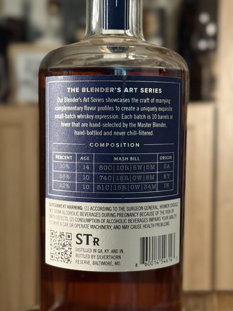 Silverthorn Reserve 10 Year High Malt Bourbon blend back label
