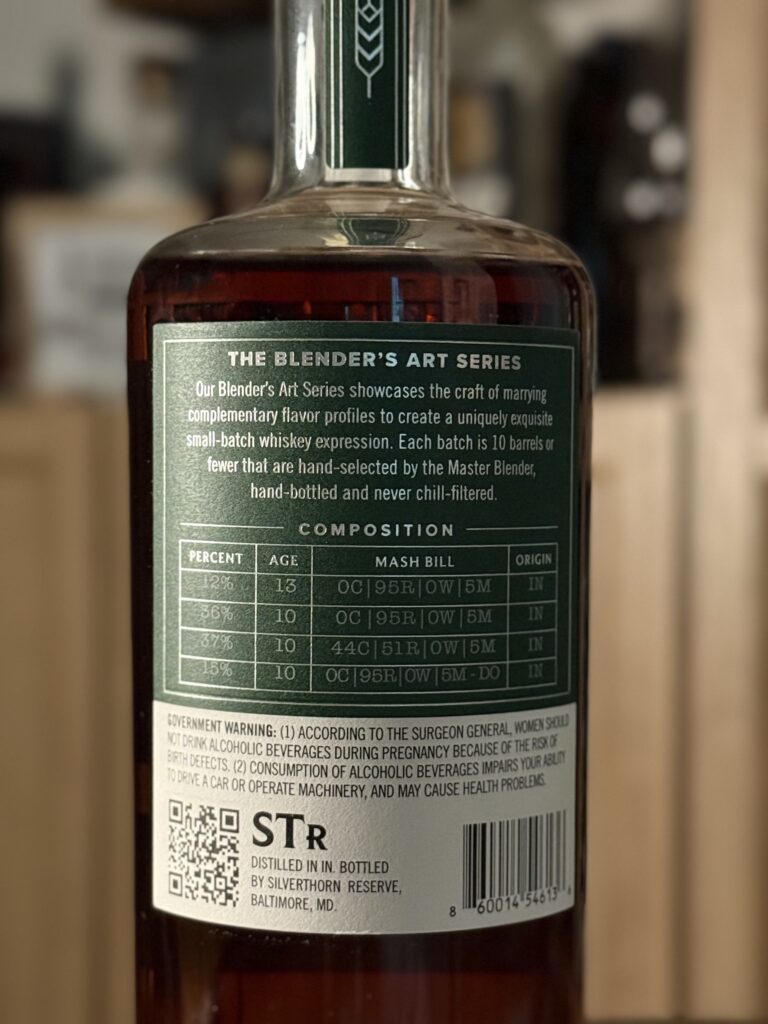 Silverthorn Reserve 10 Year Rye blend back label