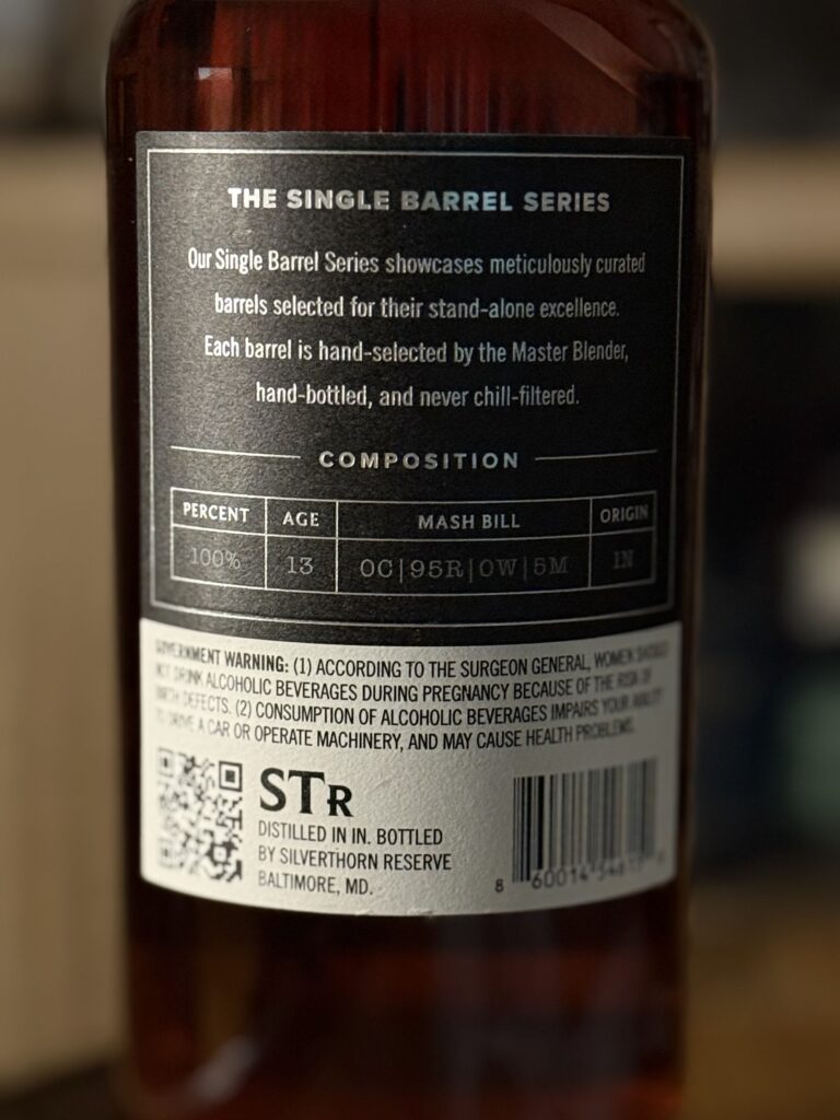 Silverthorn Reserve 13 year rye back label