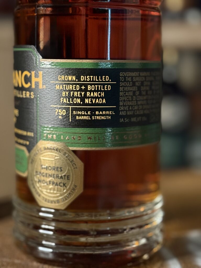 Frey Ranch Winter Rye Single Barrel shows that it was grown and distilled in Fallon