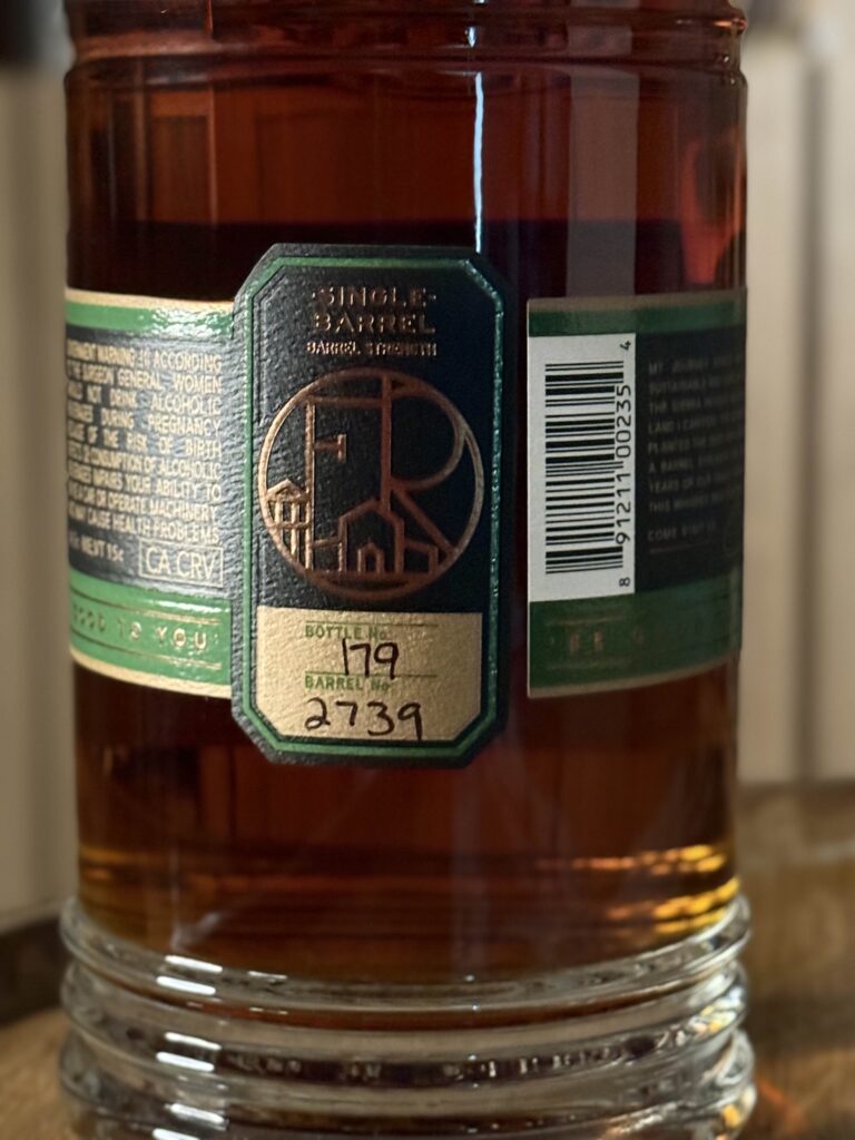 Frey Ranch Winter Rye Single Barrel sticker shows the bottle and barrel number