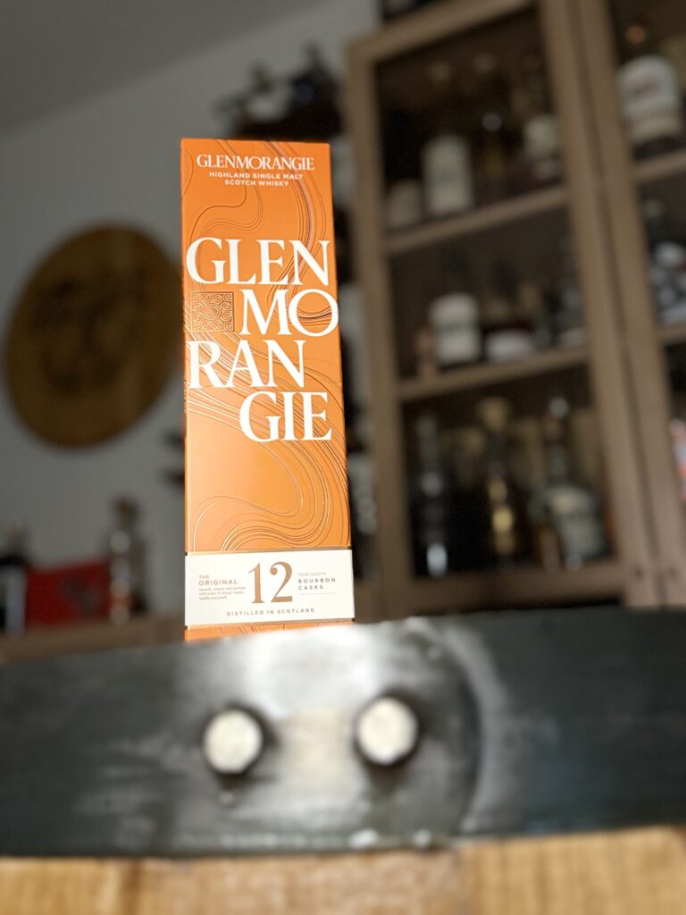 Glenmorangie "The Original" 12 Yr box on whiskey barrel