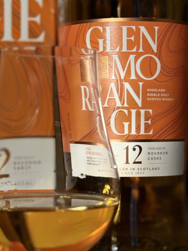Glenmorangie "The Original" 12 Yr close-up of whiskey glass against box and bottle