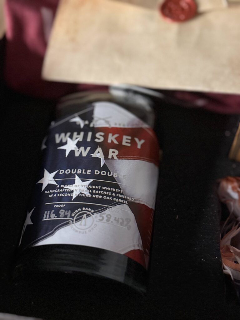 High Banks Whiskey War Double Double Oak 250th Anniversary Release lying in box with vintage letter