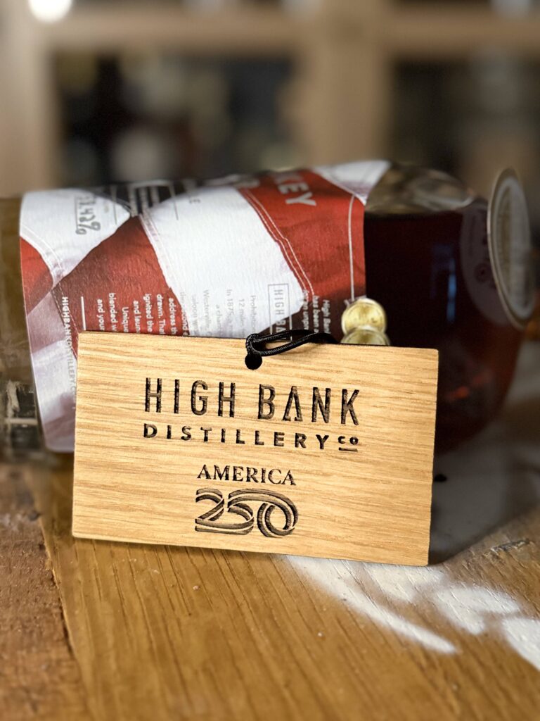 High Banks Whiskey War Double Double Oak 250th Anniversary Release on side with High Banks 250th Anniversary tag in front