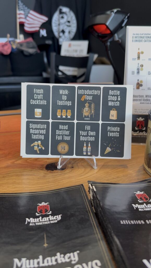 Cards available at the counter listing the variety of experiences that MurLarkey offers