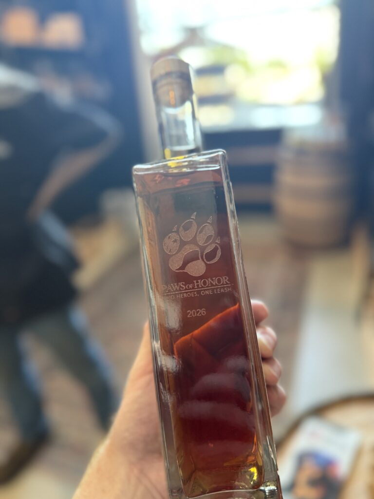 For a small around $20 upcharge, you can have your bottle gifts engraved to mark an occasion like the Paws of Honor single barrel pictured above.