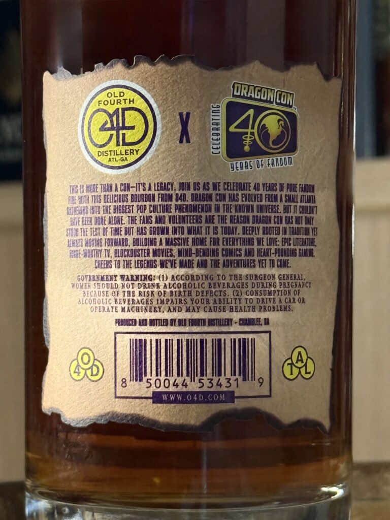 Old Fourth DragonCon 40th Anniversary Bourbon back label