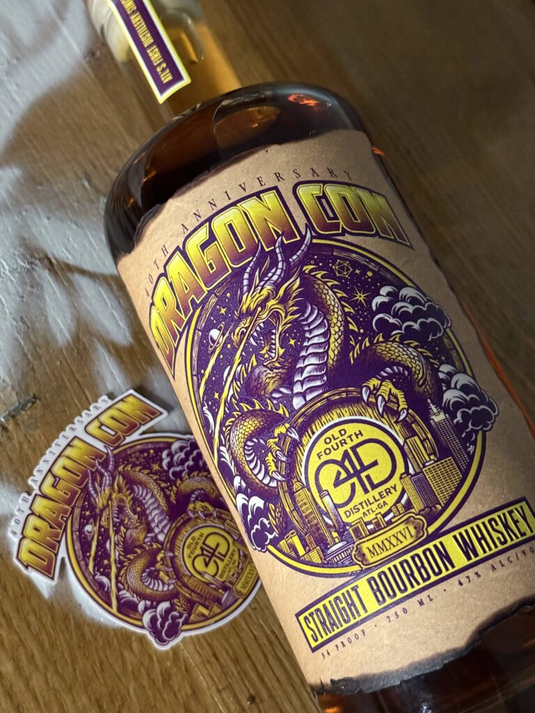 Old Fourth DragonCon 40th Anniversary Bourbon beside sticker