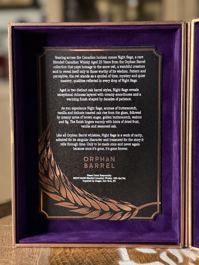 Orphan Barrel Night Sage 25 Yr Blended Canadian Whisky story on inside of box