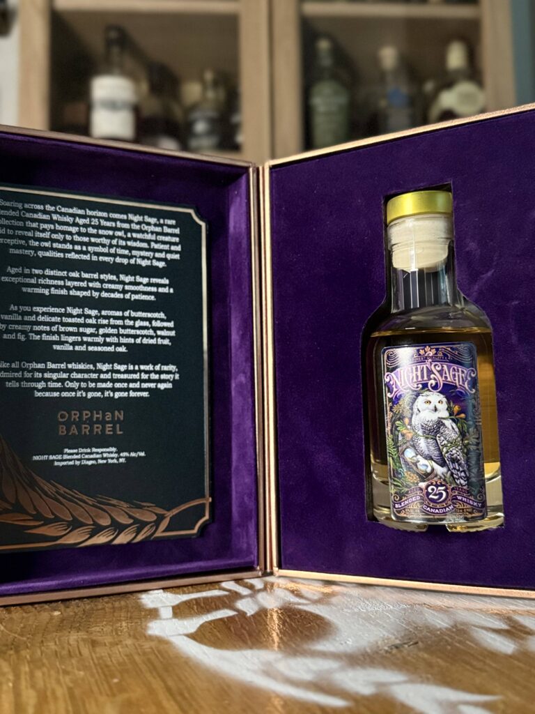 Orphan Barrel Night Sage 25 Yr Blended Canadian Whisky with premium box open to tell story
