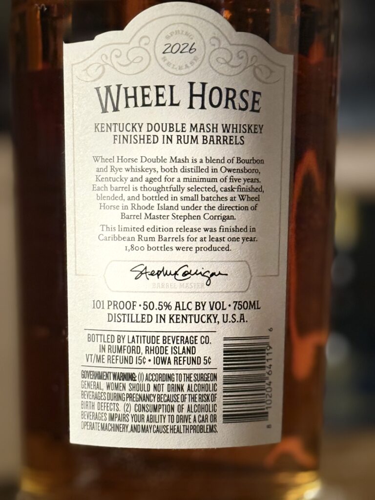 Wheel Horse's new 2026 release, a Double Mash Rum Finished Whiskey back label