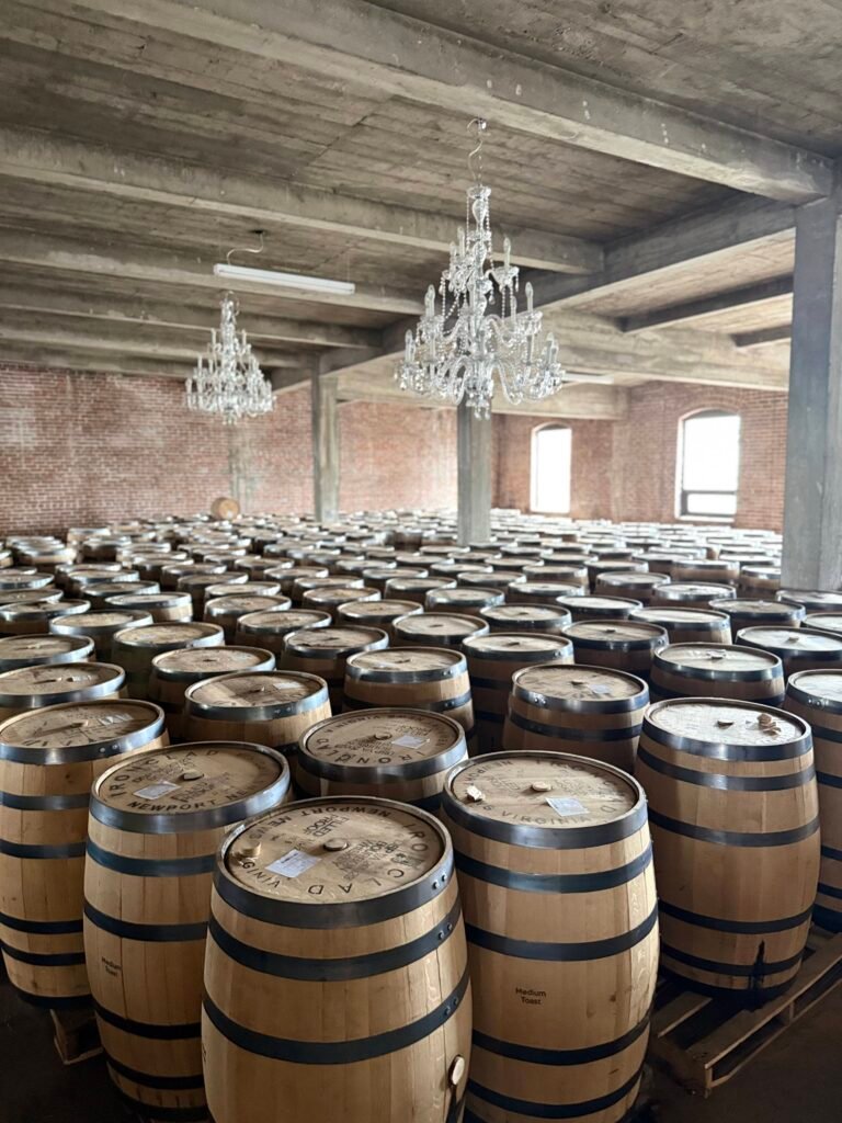 Barrels line the room as far as the eye can see, from brick wall to brick wall, underneath quite fancy chandeliers