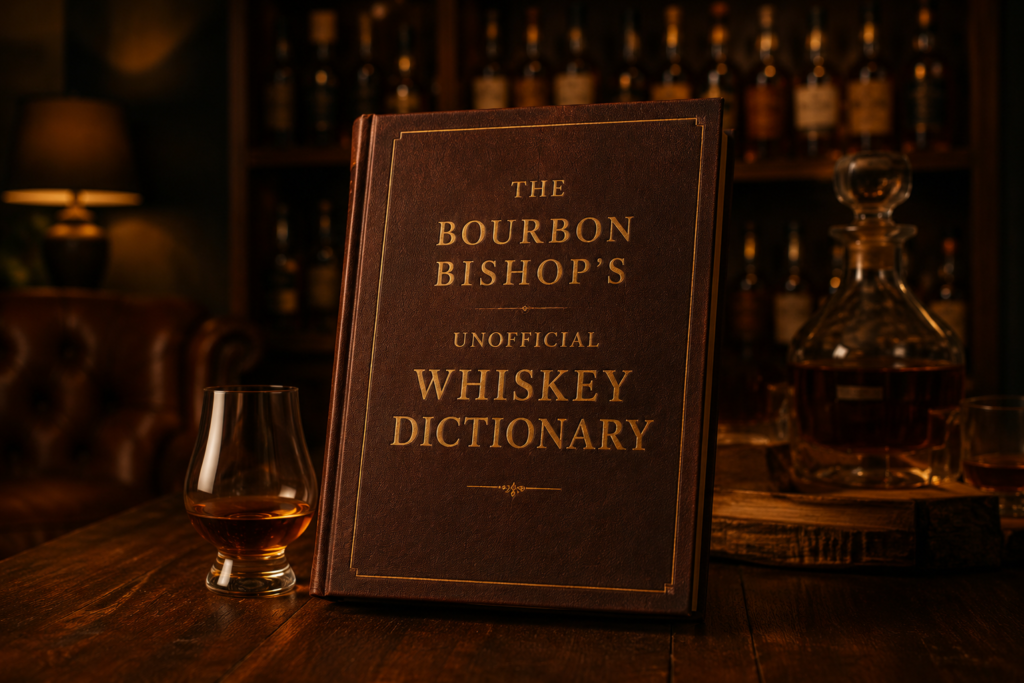A book sits on a desk in front of a whiskey collection in a darkened room with words that say "the bourbon bishop's unofficial whiskey dictionary"