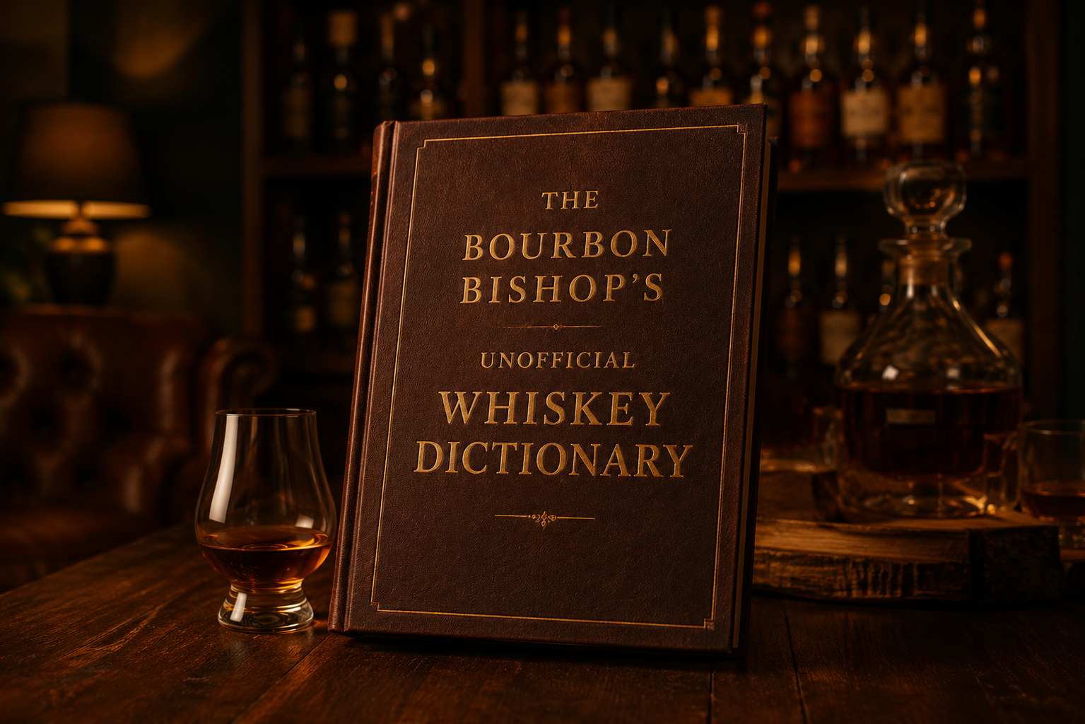 A book sits on a desk in front of a whiskey collection in a darkened room with words that say "the bourbon bishop's unofficial whiskey dictionary"