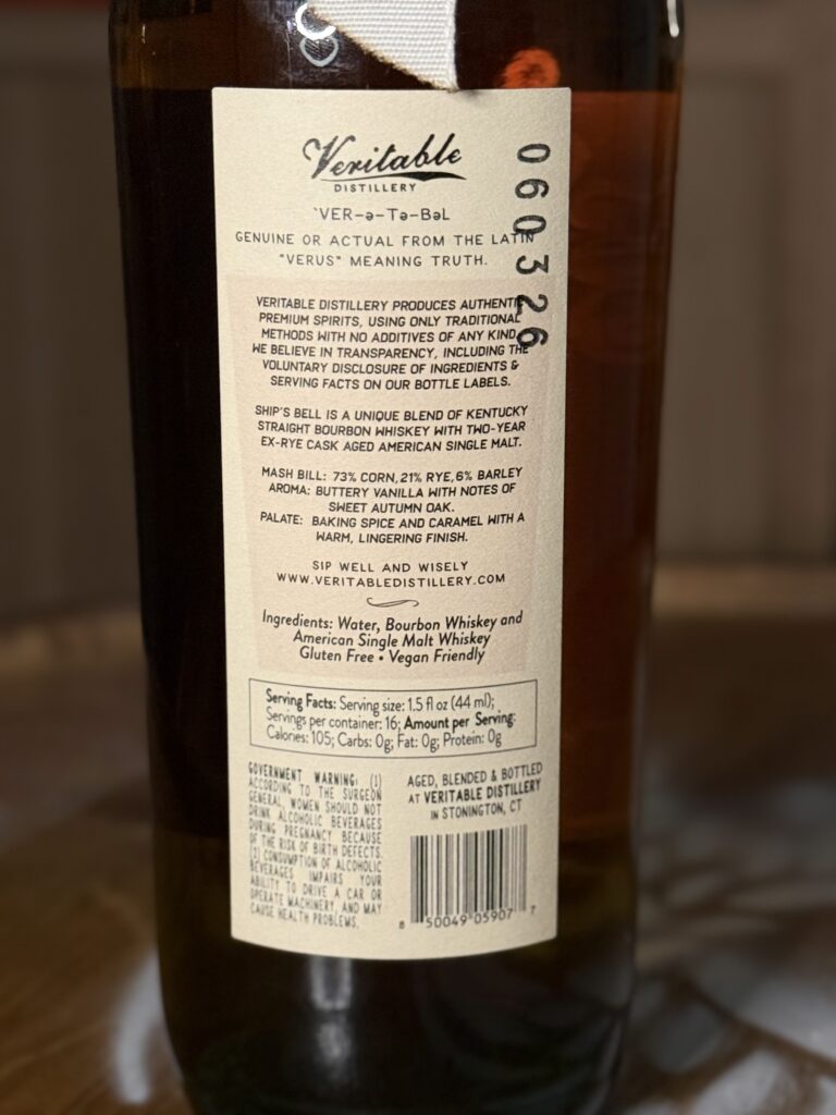Veritable "Ships Bell" blended bourbon back label