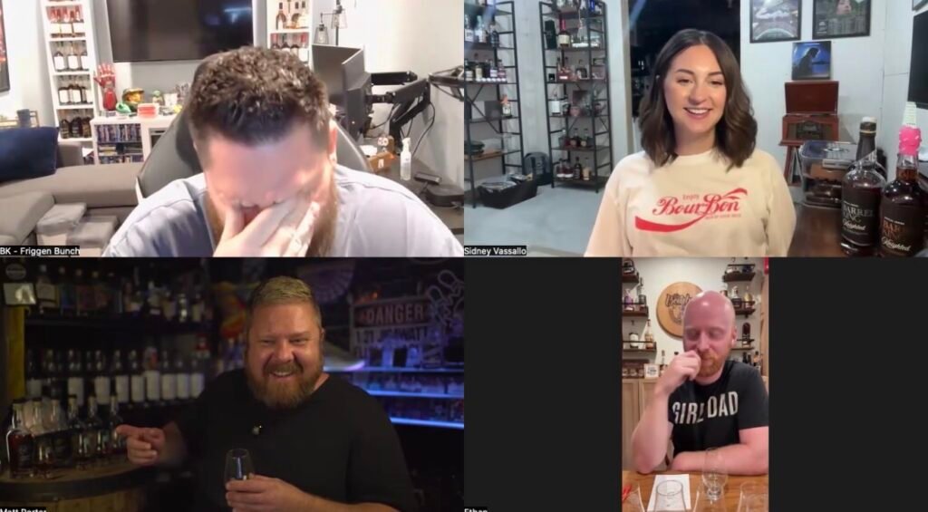 Matt Bunch, Sidney Vasallo, and Ethan Pope all laugh and cover their face after Chief Tasting Officer Matt Porter inevitably said something that can't be repeated in written form.