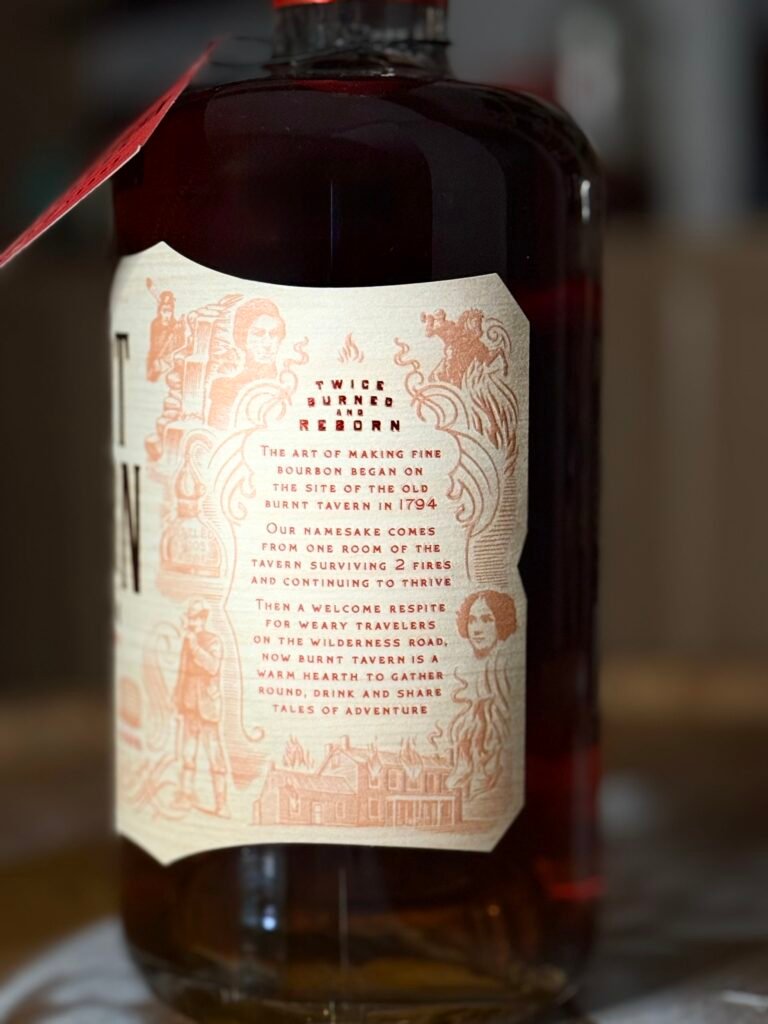 Burnt Tavern Double-Barreled bourbon side label telling story of burnt tavern namesake