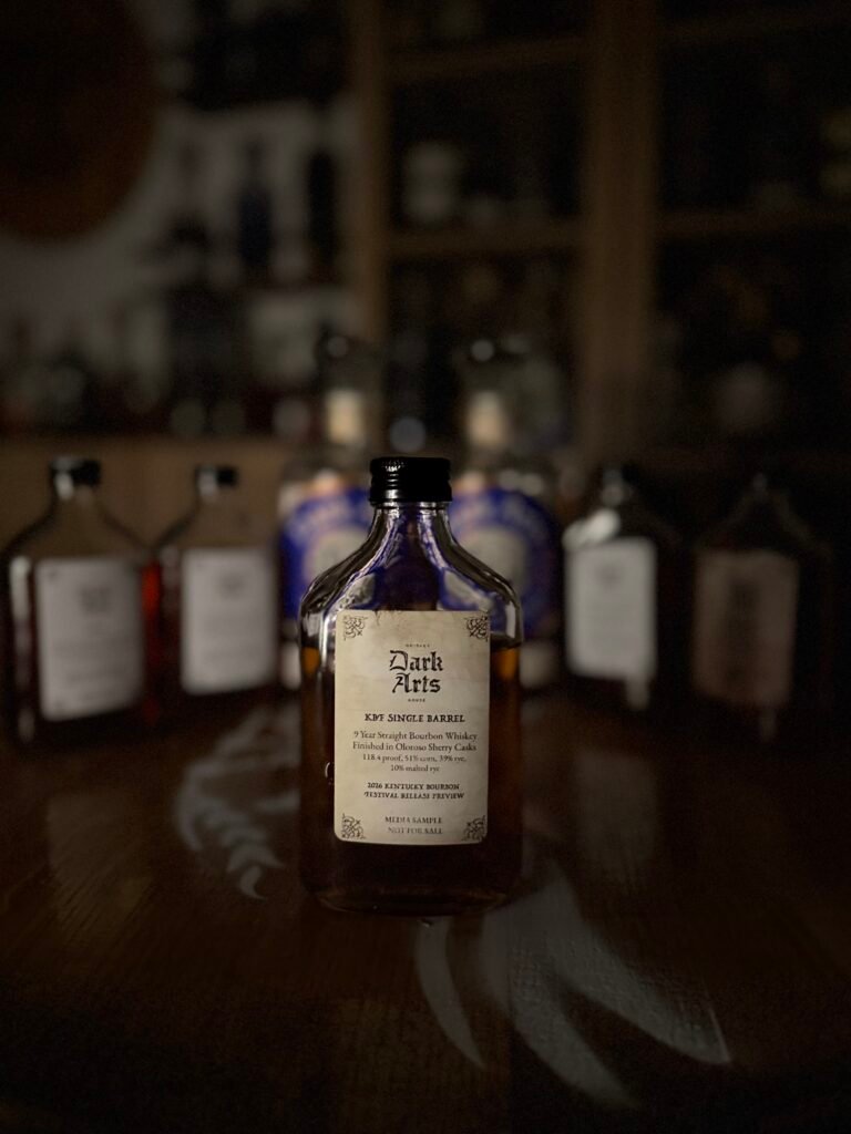 Dark Arts KBF Special Release: 9 Year Kentucky Bourbon Single Barrel finished in Oloroso Sherry barrels in front of other 5 releases & past finished bottles